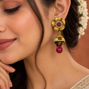 Vintage Gold Plated Jhumka Earrings | Antique Indian Floral Kundan Drop Earrings | Royal Ruby Green Chandelier Dangles