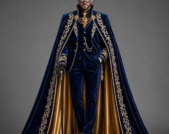 May include: A deep blue velvet suit featuring a matching floor-length cape with gold embroidery, a gold waistcoat, a gold tie, and a gold chain. The ensemble includes a blue ornate masquerade mask, black gloves, and a black cane with a gold skull handle.