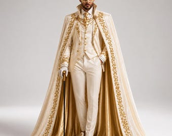 May include: A cream-coloured suit featuring a waistcoat, trousers, and a long cape with gold embroidery. The ensemble includes a white shirt, a gold tie, a gold masquerade mask, and a black cane with a gold skull handle, creating a formal appearance.