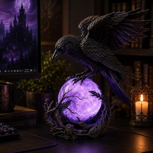 May include: A dark, textured raven sculpture with outstretched wings perched atop a glowing, spherical purple orb. The base of the orb is surrounded by intricate, dark, branch-like structures, creating a detailed, mystical-looking decorative piece.