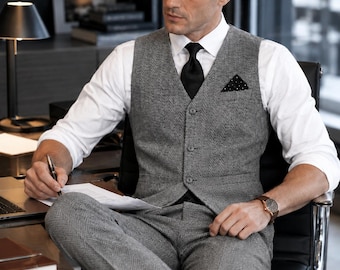 Mens Tweed 2 Piece Suit Set-Herringbone Vest & Pants, Slim Fit Retro Tuxedo for Wedding, Prom, Party, Business, Ceremony