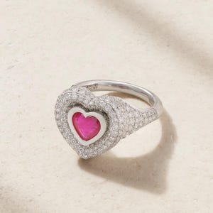 925 Sterling Silver Heart Shape Promise Ring, Diamond, Ruby and Enamel Ring, Vintage Birthstone Ring, Engagement Rings