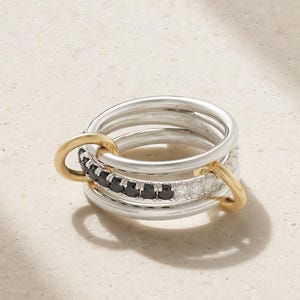 925 Sterling Silver Set of Three, Two Tone Ring, Connected Stacking Rings, Black Onyx Ring, Multi Linked Bands, Interlocking Ring