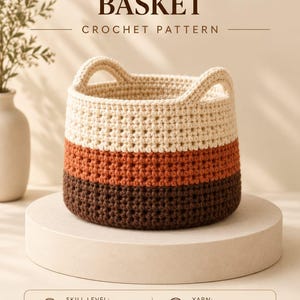 Crochet Color Block Basket Pattern | Round Organizer, Handle Design, Terracotta Decor, PDF Download