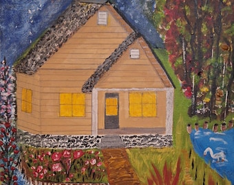 Lamplight at Dusk — Original Folk Art Painting, Country House at Night, 12x18 Acrylic
