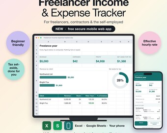 Freelancer Income Expense Tracker Google Sheets & Excel | New Free Secure Mobile Web App | Self Employed Tax Profit | Instant Download