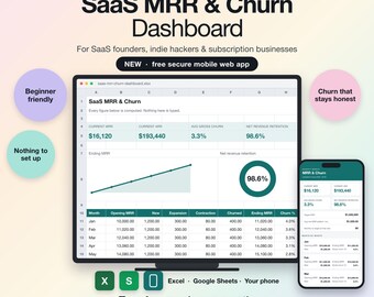 SaaS MRR Churn Dashboard Spreadsheet Google Sheets & Excel | New Free Secure Mobile Web App | ARR NRR Retention Tracker | Instant Download