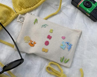 Pochette in tela personalizzata con toppe ricamate, trousse da viaggio per il trucco con nome personalizzato, custodia da spiaggia