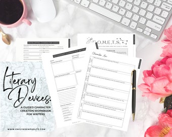 Può includere: Un quaderno di lavoro stampabile intitolato "Literary Devices: A Guided Character Creation Workbook for Writers" con uno sfondo di marmo. Il quaderno di lavoro include fogli di lavoro per sviluppare la voce del personaggio, i dettagli del personaggio secondario e l'arco del personaggio.