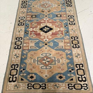 3x7ft Hand Knotted Oushak Rug Vintage Blue Terracotta Wool Area Rug Geometric Tribal Turkish Runner Boho Home Decor 3x8/3x9/3x10