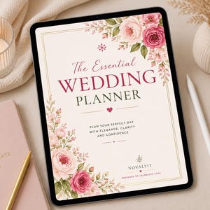 Può includere: Un tablet digitale che mostra la copertina di un organizzatore di matrimoni con illustrazioni floreali rosa e rosse. Il testo recita: The Essential WEDDING PLANNER, PLAN YOUR PERFECT DAY WITH ELEGANCE, CLARITY AND CONFIDENCE, NOVALYT.