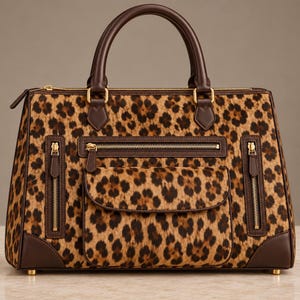 Puede incluir: Un bolso estructurado con estampado de leopardo en tonos marrón y negro y ribetes de cuero marrón oscuro. El bolso incluye un asa superior, herrajes dorados, dos bolsillos laterales con cremallera, un bolsillo horizontal con cremallera y un bolsillo frontal con solapa.