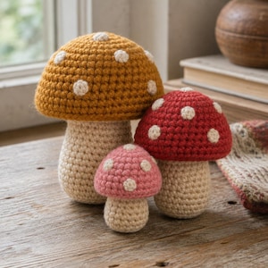 May include: Three crocheted mushroom figures with beige stems and rounded caps. The largest cap is mustard yellow, the medium cap is red, and the smallest cap is pink. Each cap features small, circular, off-white spots stitched onto the surface.