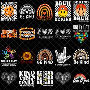 May include: A collection of twenty graphic designs featuring themes of kindness and unity. The graphics include smiley faces, rainbows, sunflowers, hand signs, and hearts, with text such as Be Kind, Unity Day, and Kind Vibes Only on black backgrounds.