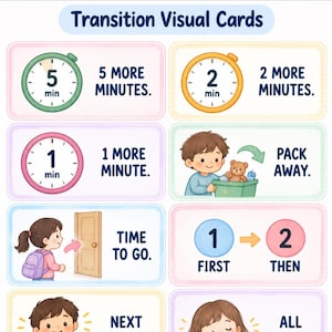 May include: A set of Transition Visual Cards featuring illustrations and text. Cards show clocks with 5, 2, and 1 minute timers, a child packing away toys, a child at a door for time to go, and sequence steps labeled First, Then, Next, and All.