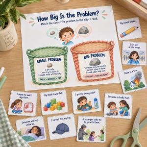 May include: An educational chart titled How Big Is The Problem? featuring a green basket for small problems and a red basket for big problems, surrounded by small square cards with illustrations and text describing various life scenarios.