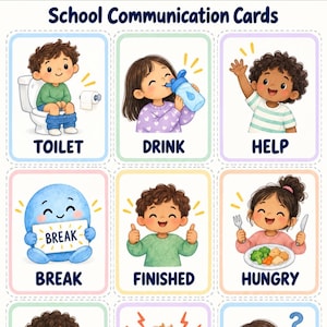 May include: A set of School Communication Cards featuring illustrations of children and a blue character. Each card displays a specific action or need with labels including Toilet, Drink, Help, Break, Finished, and Hungry in dark blue text.