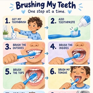 May include: An educational poster titled Brushing My Teeth One step at a time, featuring six numbered illustrations showing a child using a blue toothbrush and toothpaste to clean teeth, including brushing the outsides, insides, tops, and tongue.