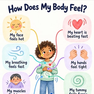 以下が含まれることがあります： How Does My Body Feel?というタイトルの教育用チャート。中央に子供のイラストがあり、その周りに6つのカラフルな吹き出しがあります。各吹き出しには身体感覚がテキストで示されています：My face feels hot、My heart is beating fast、My breathing feels fast、My hands feel tight、My muscles feel tense、My tummy feels funny。