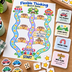 May include: A Flexible Thinking board game featuring a colourful path with question marks, star icons, and destination labels like Shop, Park, Movies, and Service Station. Includes a deck of Detour cards, small car tokens, a die, and star markers.