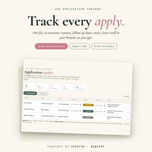 May include: A digital job application tracker template featuring a clean interface with columns for company, role, link, applied date, status, follow-up date, and notes. The text includes 'Job Application Tracker', 'Track every apply.', and 'template by valeria digital'.