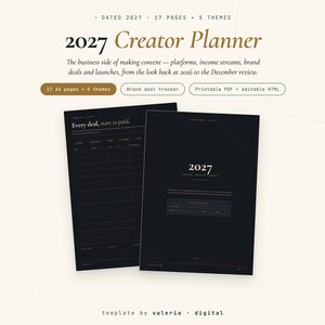 May include: A 2027 Creator Planner digital template featuring 17 A4 pages and 5 themes. The black pages include a brand deal tracker with the text Every deal, start to paid and a cover page with the text 2027 Content Creator Planner.