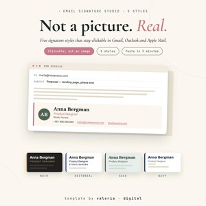 Op de afbeelding: Een digitale afbeelding met e-mailhandtekening-sjablonen met de tekst Not a picture. Real. Five signature styles that stay clickable in Gmail, Outlook and Apple Mail. Bevat een voorbeeld-e-mailbericht voor Anna Bergman en vier stijlopties.