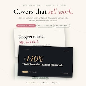 May include: A digital template set for portfolio covers featuring the text Covers that sell work, 1600x900 case-study covers for Upwork, Behance and your own site, Edit text, press Export view, screenshot, 3 layouts, 5 themes, Edit, screenshot, No design tools.