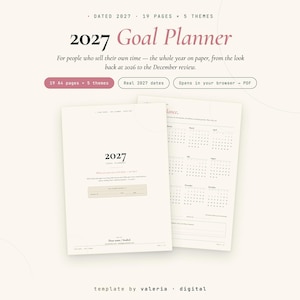 May include: A 2027 goal planner digital template featuring 19 A4 pages and 5 themes. The document includes a cover page with the text 2027 Goal Planner and a calendar page showing all months of the year. The design uses a neutral color palette.