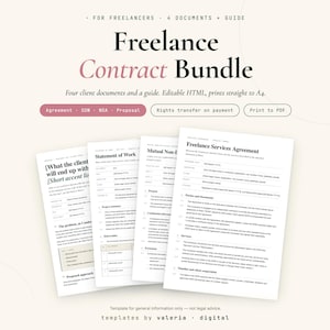 May include: A digital freelance contract bundle featuring four documents and a guide. The text includes 'Freelance Contract Bundle', 'Agreement', 'SOW', 'NDA', 'Proposal', 'Rights transfer on payment', 'Print to PDF', and 'Freelance Services Agreement'.