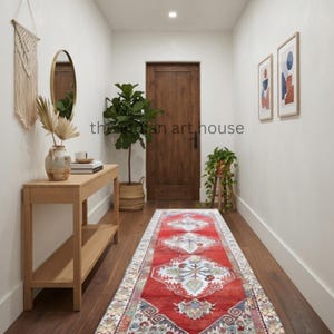 Red & Cream Diamond Medallion Handwoven Flatweave Runner Rug Scandi Folk Carpet