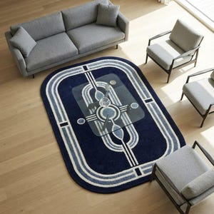 Modern Navy Blue Handtufted Rug with Geometric Arch and Circular Symmetrical Pattern Design