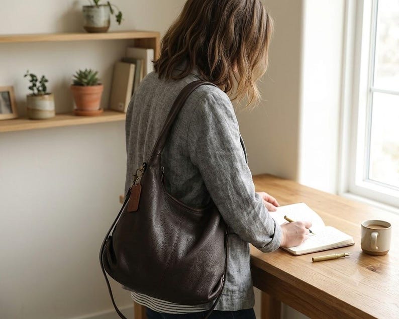 May include: A dark brown leather hobo bag with a pebbled texture, featuring a single shoulder strap and a small rectangular leather luggage tag attached to the side. The bag has a slouchy, unstructured shape and a secure top zipper closure.