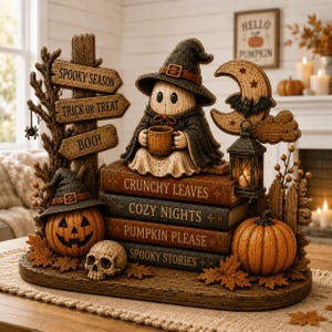 Può includere: Una statuetta decorativa di Halloween con un fantasma che indossa un cappello da strega, seduto su una pila di libri intitolati Crunchy Leaves, Cozy Nights, Pumpkin Please e Spooky Stories. Include un cartello, una zucca, un teschio e una lanterna.