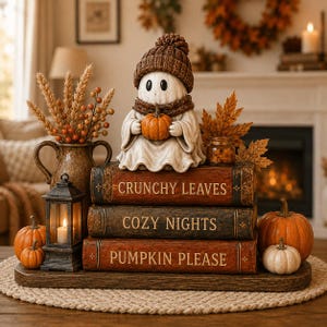 Bloc de bois 2D Citrouille Fantôme de Lecture, Décoration d'étagère d'automne, Coin lecture chaleureux, Cadeau d'Halloween, Décoration de pile de livres fantômes