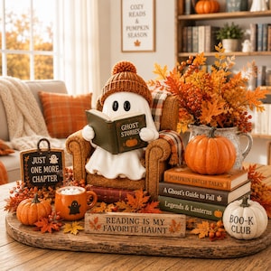 Bloc de bois 2D Citrouille Fantôme de Lecture, Décoration d'étagère d'automne, Coin lecture chaleureux, Cadeau d'Halloween, Décoration de pile de livres fantômes