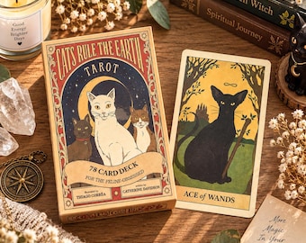 May include: A Cats Rule The Earth tarot deck box featuring three cats and a crescent moon, alongside an Ace of Wands card depicting a black cat holding a wand. The box text reads Cats Rule The Earth Tarot, 78 Card Deck, and For The Feline-Obsessed.