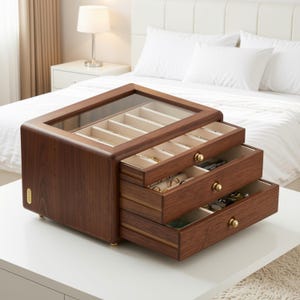 May include: A dark brown wooden jewelry box with a glass top lid and two pull-out drawers. The interior features cream-colored velvet lining with multiple compartments for organizing accessories. Each drawer has a small, round brass-colored knob.