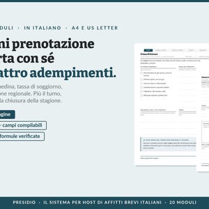 Könnte beinhalten: Ein digitales Dokumentenset für italienische Kurzzeitvermieter mit 20 Modulen, 223 Seiten, über 1.400 ausfüllbaren Feldern und 2.778 geprüften Formeln. Der Text lautet: Ogni prenotazione porta con sé quattro adempimenti. CIN, schedina, tassa di soggiorno.