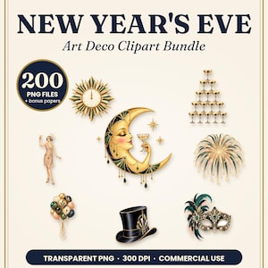 Può includere: Un pacchetto di clipart digitali intitolato NEW YEAR'S EVE Art Deco Clipart Bundle con 200 file PNG. La collezione include un orologio a raggiera, una luna crescente con un volto, una torre di champagne, una ballerina, fuochi d'artificio, palloncini, un cilindro e una maschera.