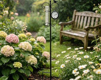 Piquet météo décoratif en métal pour jardin, pluviomètre et thermomètre de 89 cm, ornement d'oiseau, moniteur météo extérieur pour pelouse et parterre de fleurs