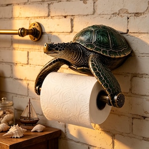 May include: A wall-mounted toilet paper holder shaped like a sea turtle with a dark green, textured shell and bronze-toned skin. The turtle's front flippers extend downward to support a horizontal metal rod holding a roll of white toilet paper.
