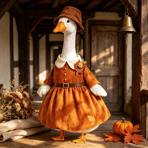 May include: A white goose figurine wearing a brown corduroy bucket hat and a long-sleeved orange dress with a white collar, gold buttons, a brown belt, and a decorative leaf accent on the chest, standing on a wooden surface with autumn leaves.