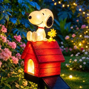 以下が含まれることがあります： 赤い犬小屋の上に座る白いスヌーピーと黄色いウッドストックのフィギュアが付いたソーラーガーデンライト。犬小屋の側面には長方形のソーラーパネルが取り付けられており、内部から温かみのある光を放っています。