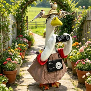 May include: A white goose figurine wearing a straw hat, round black glasses, and a brown apron over a red shirt. The goose holds black binoculars and has a black Coolpix camera hanging around its neck. Small birds are perched on the hat and shoulder.