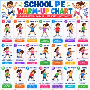 May include: A School PE Warm-Up Chart featuring 21 numbered exercise illustrations with instructions. The poster includes colourful graphics of children performing movements like jumping jacks, lunges, and stretches, with text detailing reps and seconds.