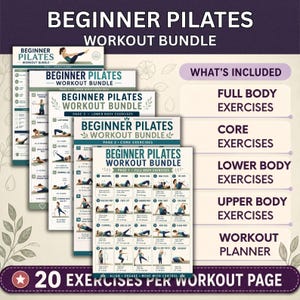 Peut inclure: Un ensemble d'exercices de Pilates pour débutants comprenant plusieurs pages de guides. Le texte indique 'Beginner Pilates Workout Bundle', 'What's Included' et '20 Exercises Per Workout Page'. Il détaille des exercices pour le corps complet, le tronc, le bas et le haut du corps.