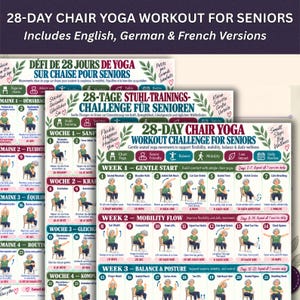 Op de afbeelding: Een 28-daagse stoelyoga workout uitdaging voor senioren met geïllustreerde zittende houdingen, genummerde oefeningen en wekelijkse doelen. Het document bevat tekst in het Engels, Duits en Frans, met groene bladeren en iconen voor flexibiliteit, mobiliteit en balans.