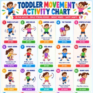 May include: A colorful toddler movement activity chart featuring 15 numbered exercises with illustrations of children performing actions like marching, jumping jacks, and squats. The text includes titles for each move, instructions, and repetition counts.