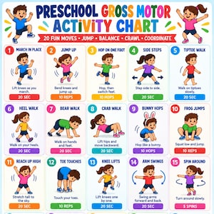 May include: A preschool gross motor activity chart featuring 15 numbered illustrations of children performing physical movements like jumping, crawling, and balancing. The colourful poster includes text instructions for each exercise, such as march in place, bear walk, and frog jumps, with time or repetition goals.